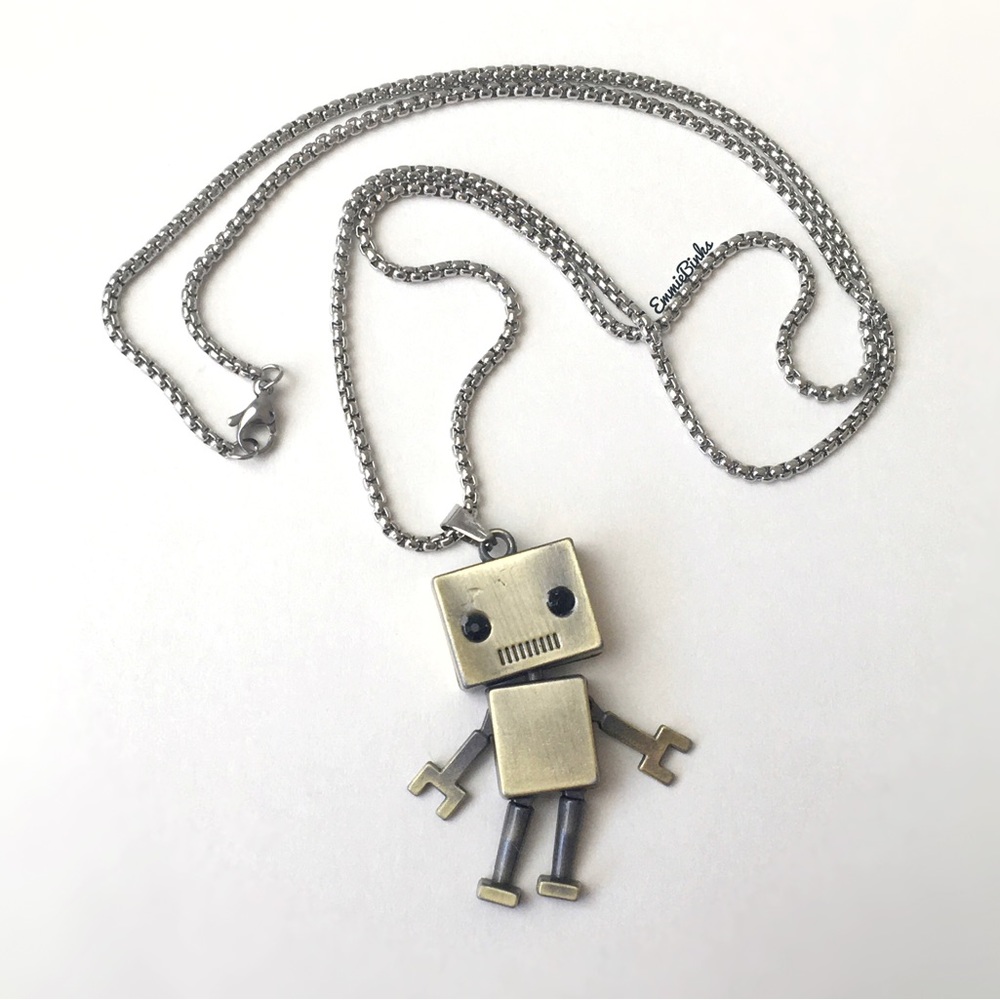 New Metal Robot 2 Sided Smaller Version Pendant Necklace, Stainless Steel - Picture 10 of 16